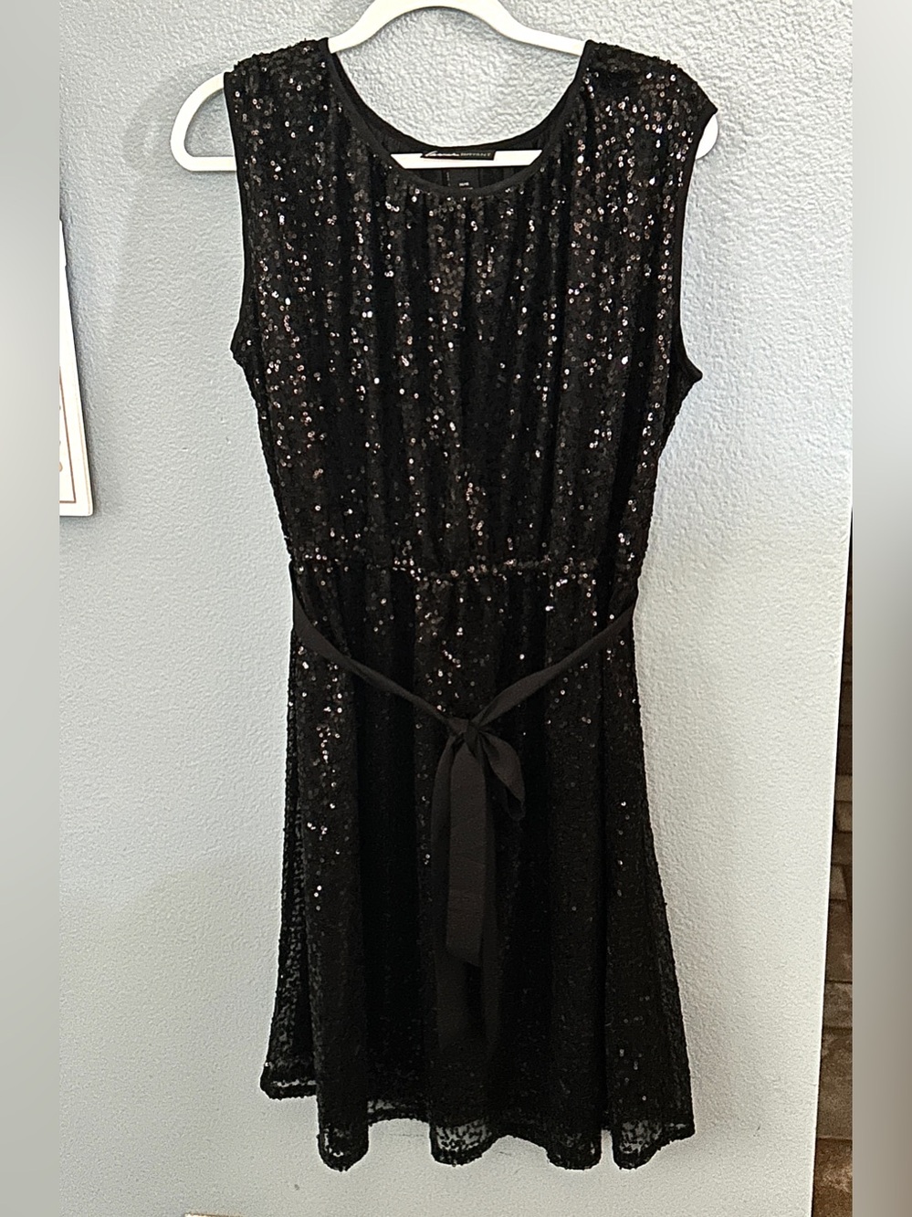 Lane Bryant Black Sequin Sleeveless Tie-Waist Mini Dress